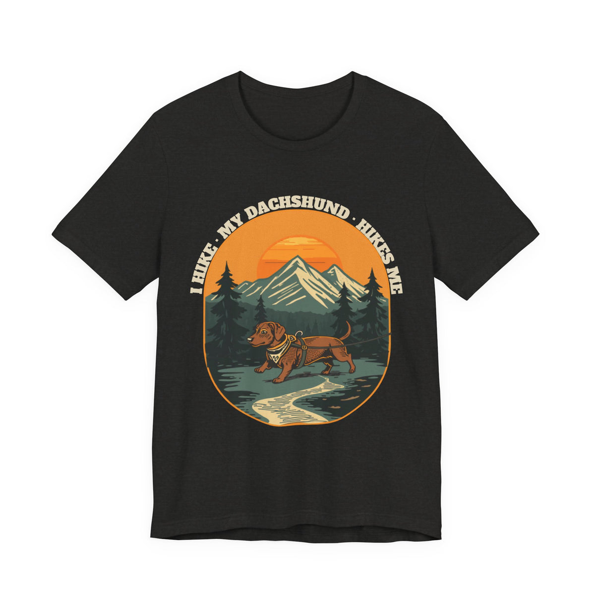 Black dachshund hiking t-shirt styled with jeans