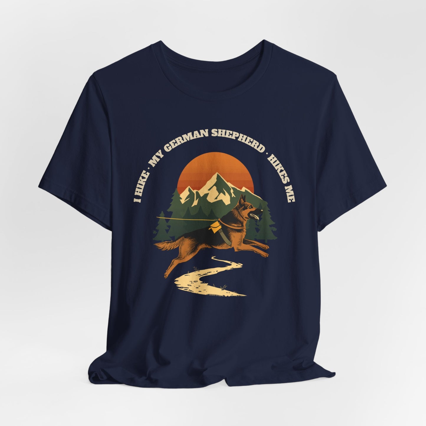 Black german shepherd hiking t-shirt worn on a dog walk