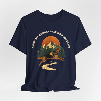 Black german shepherd hiking t-shirt worn on a dog walk