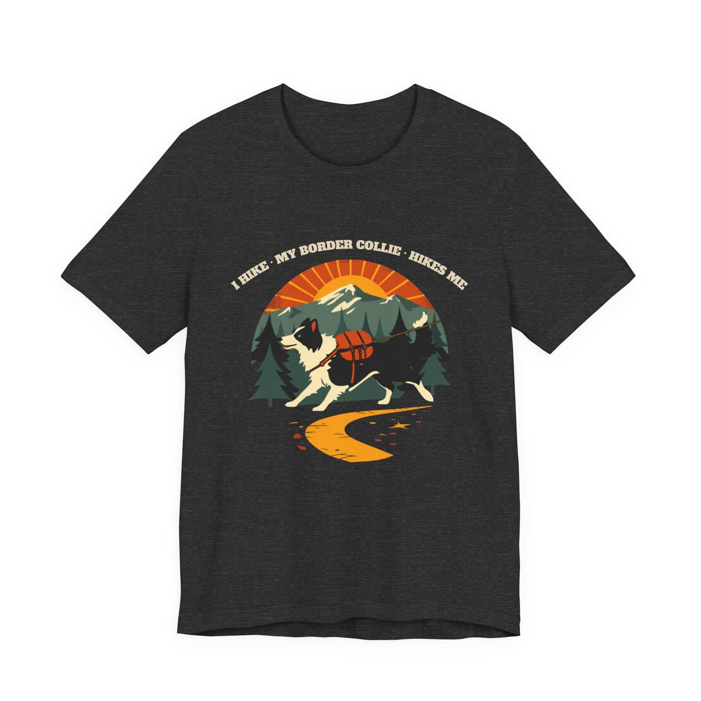 Black heather border collie hiking t-shirt close-up of the lettering