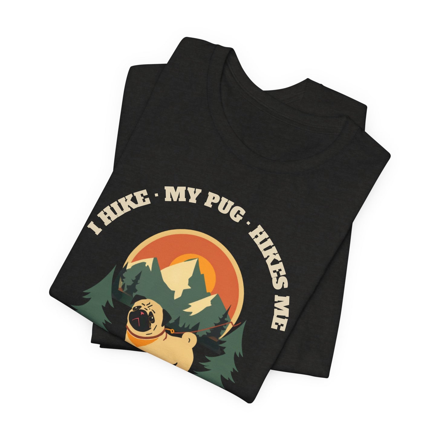 Black heather funny pug hiking t-shirt detail