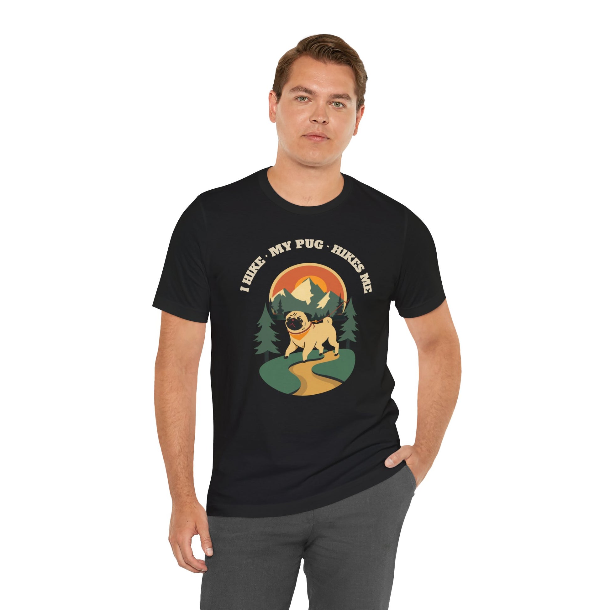 Black heather funny pug hiking t-shirt front print