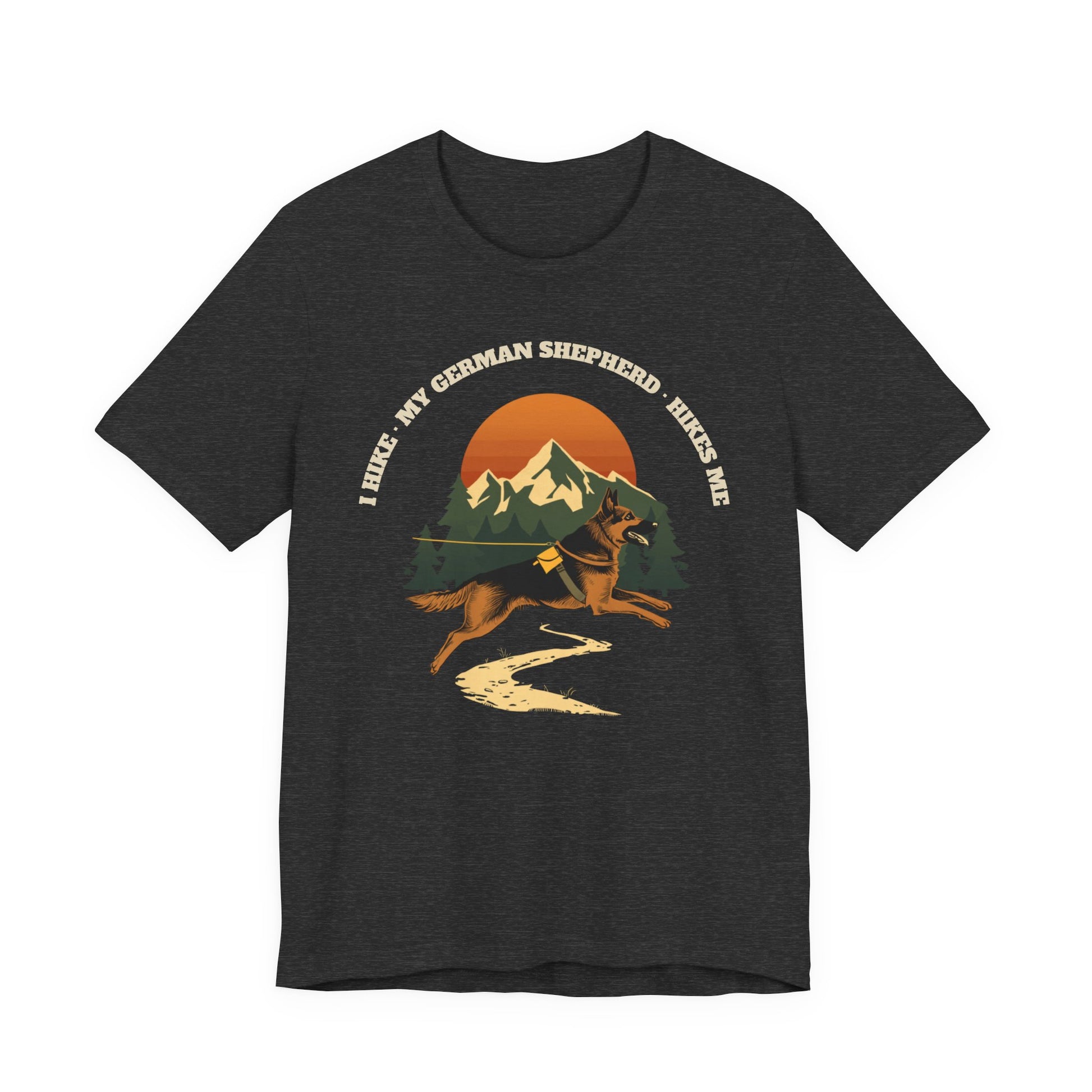 Black heather german shepherd hiking t-shirt close-up of the lettering