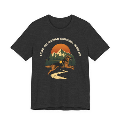 Black heather german shepherd hiking t-shirt close-up of the lettering