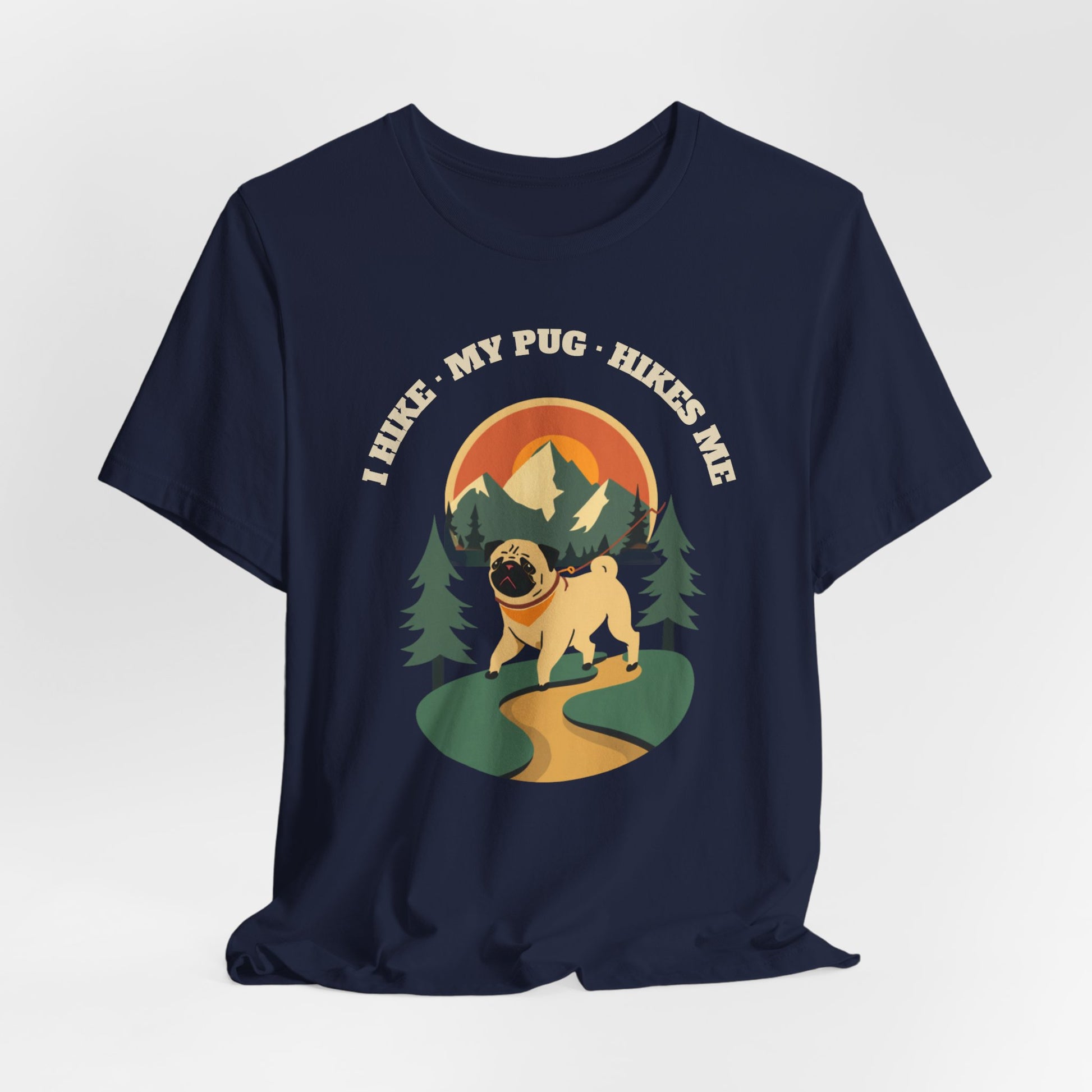 Black pug hiking t-shirt worn on a dog walk