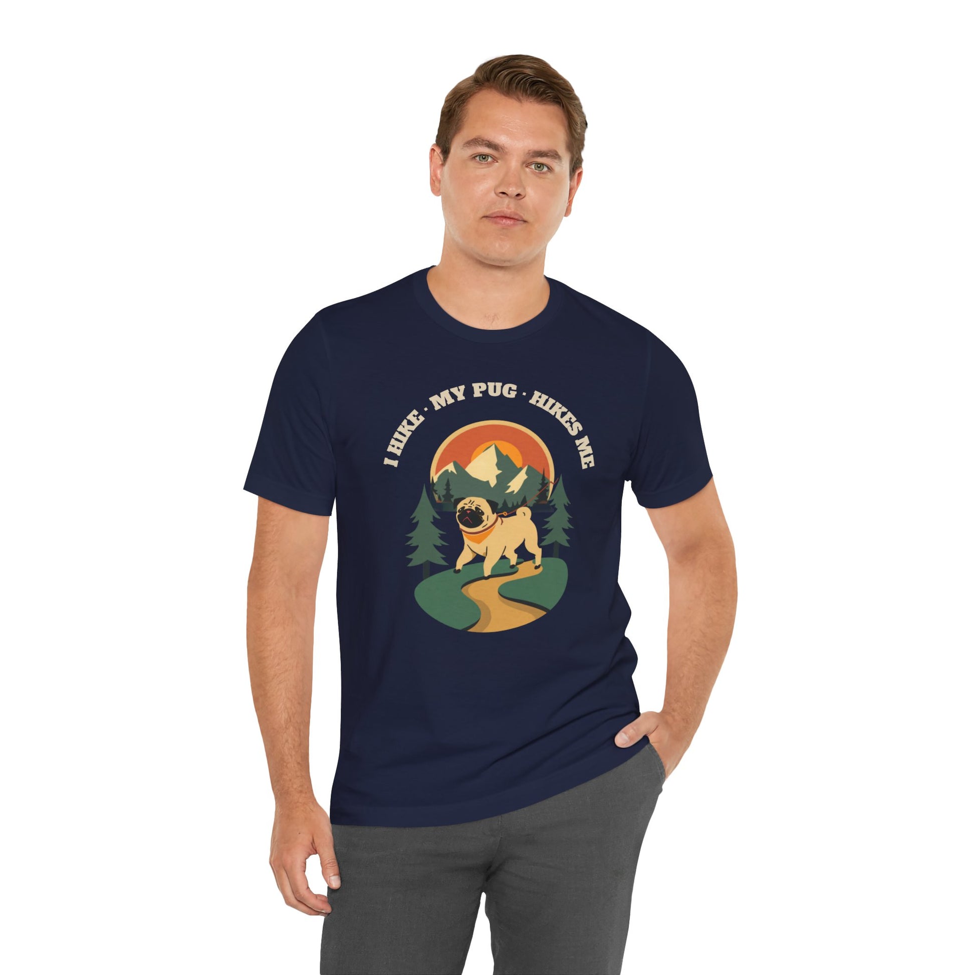 Black pug hiking t-shirt full front design