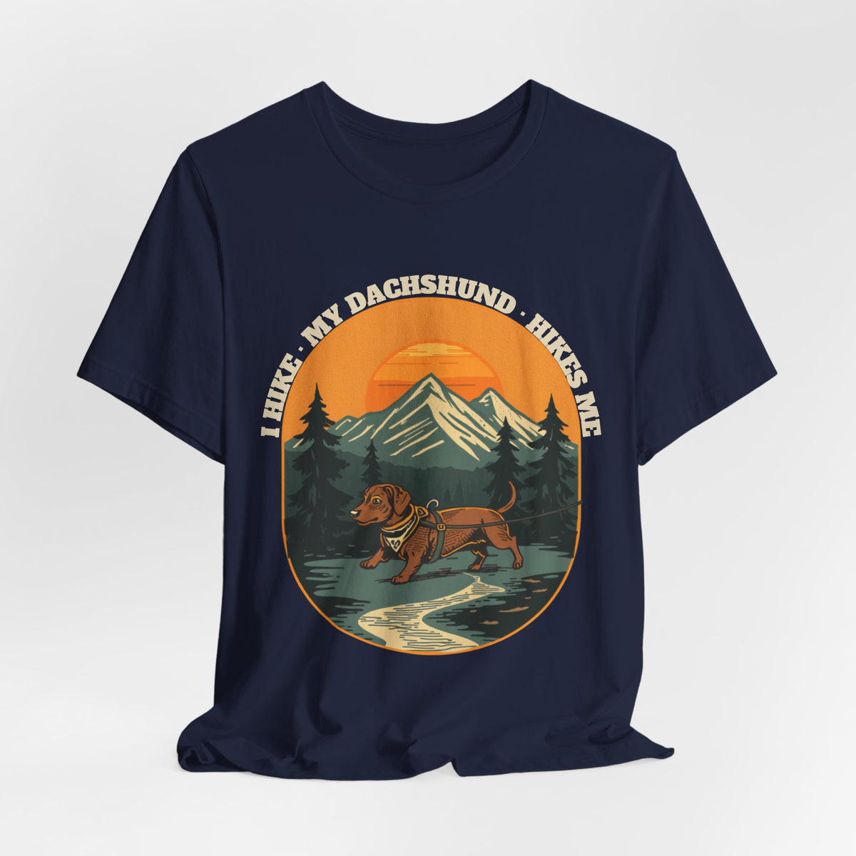 Black sausage dog hiking t-shirt worn on a dog walk