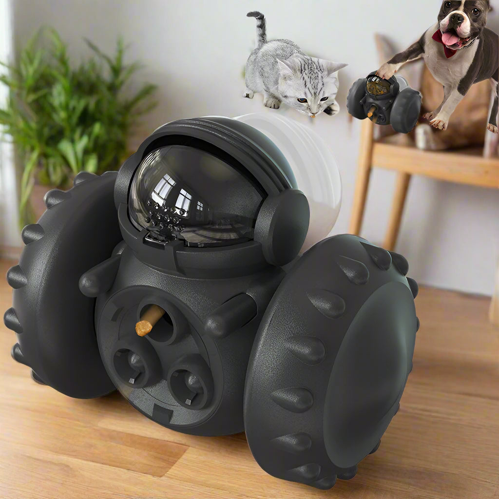 Black RollABite™ gravity treat robot dog toy — no battery, slow feeder enrichment toy