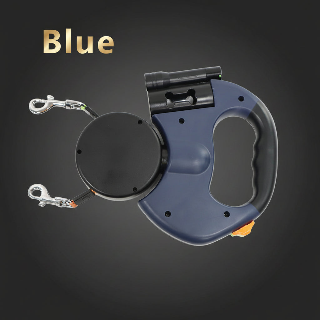 Blue retractable dog leash  with 'Blue' text above.