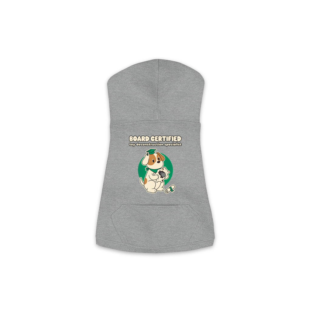 Board Certified in Toy Deconstruction Dog Hoodie in Granite Heather, sizes XS to M