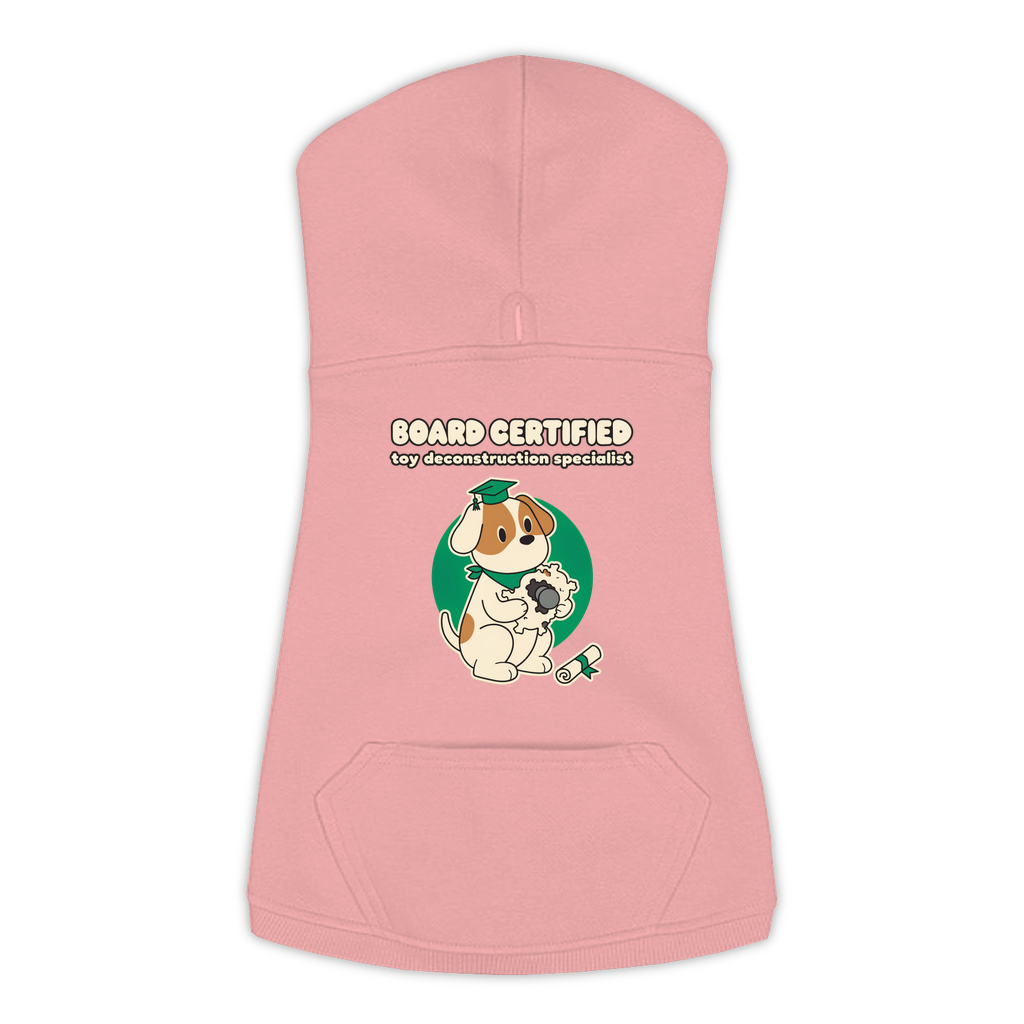 Board Certified in Toy Deconstruction Dog Hoodie in Mauvelous, sizes L to 3XL
