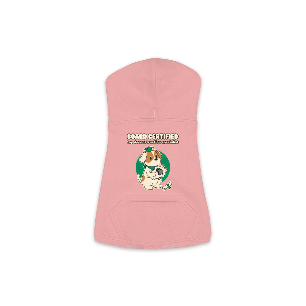 Board Certified in Toy Deconstruction Dog Hoodie in Mauvelous, sizes XS to M