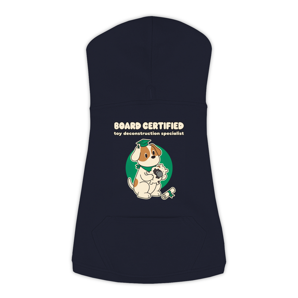 Board Certified in Toy Deconstruction Dog Hoodie in Navy, sizes L to 3XL