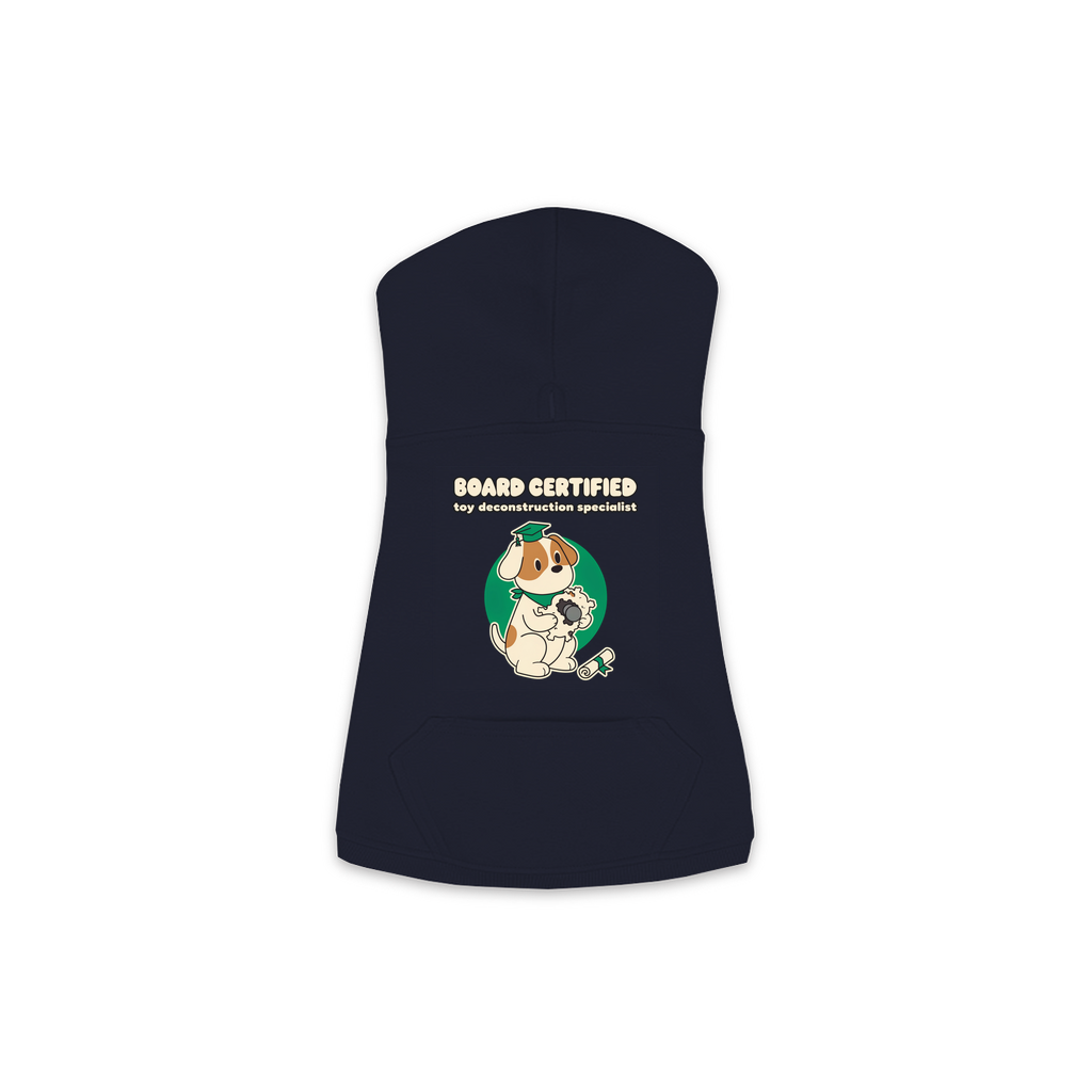 Board Certified in Toy Deconstruction Dog Hoodie in Navy, sizes XS to M