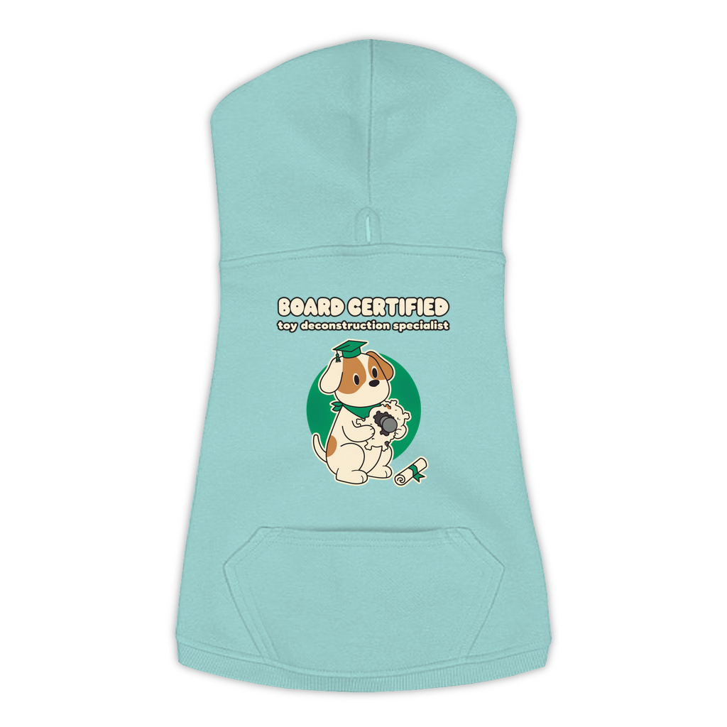 Board Certified in Toy Deconstruction Dog Hoodie in Saltwater, sizes L to 3XL