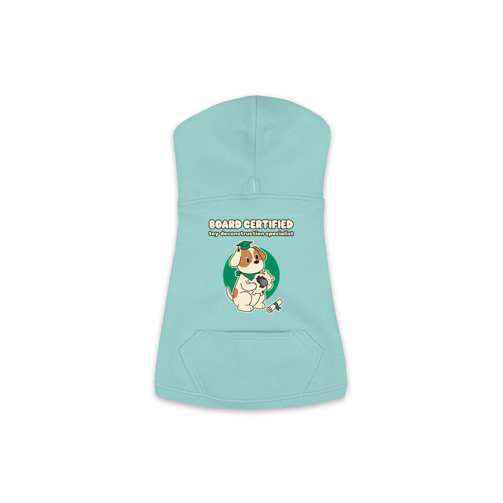 Board Certified in Toy Deconstruction Dog Hoodie in Saltwater, sizes XS to M