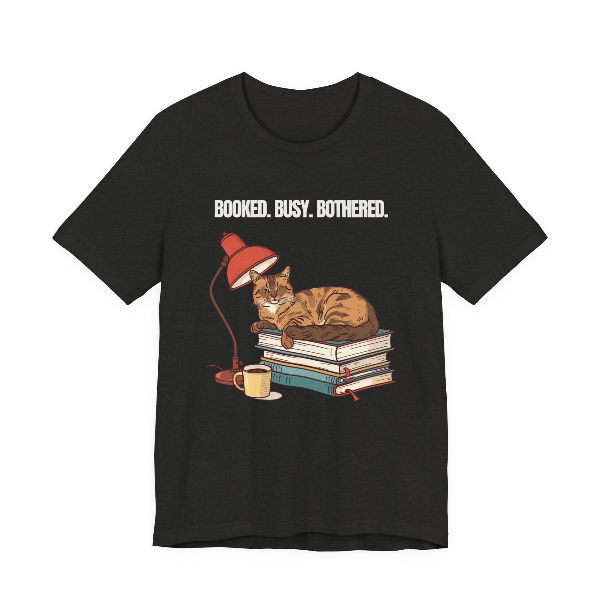 Booked. Busy. Bothered. cat t-shirt — neckline and collar detail