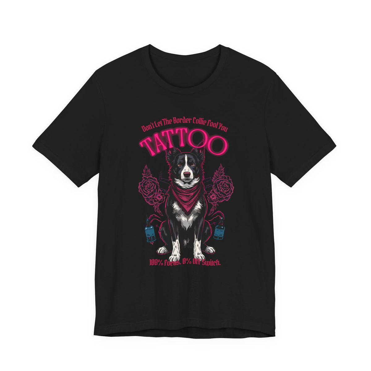 Border Collie Biker Ink Shop T-Shirt – Black – Flat Lay