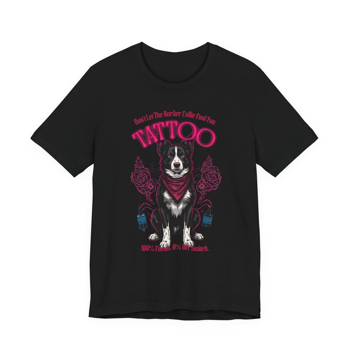 Border Collie Biker Ink Shop T-Shirt – Black – Flat Lay