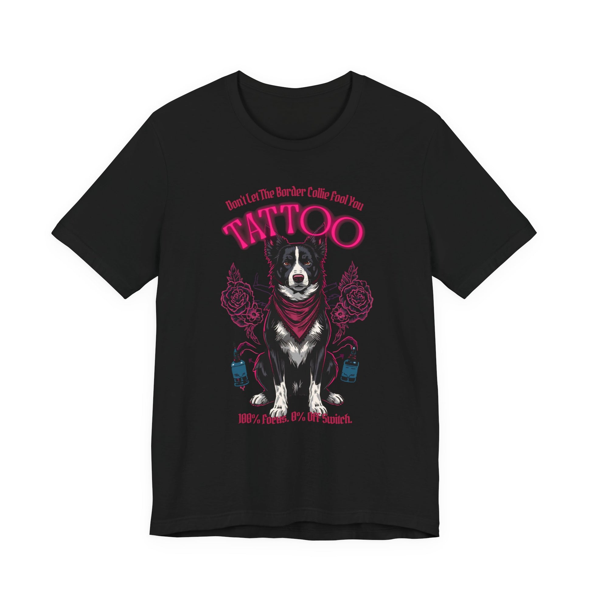 Border Collie Biker Ink Shop T-Shirt – Black – Flat Lay