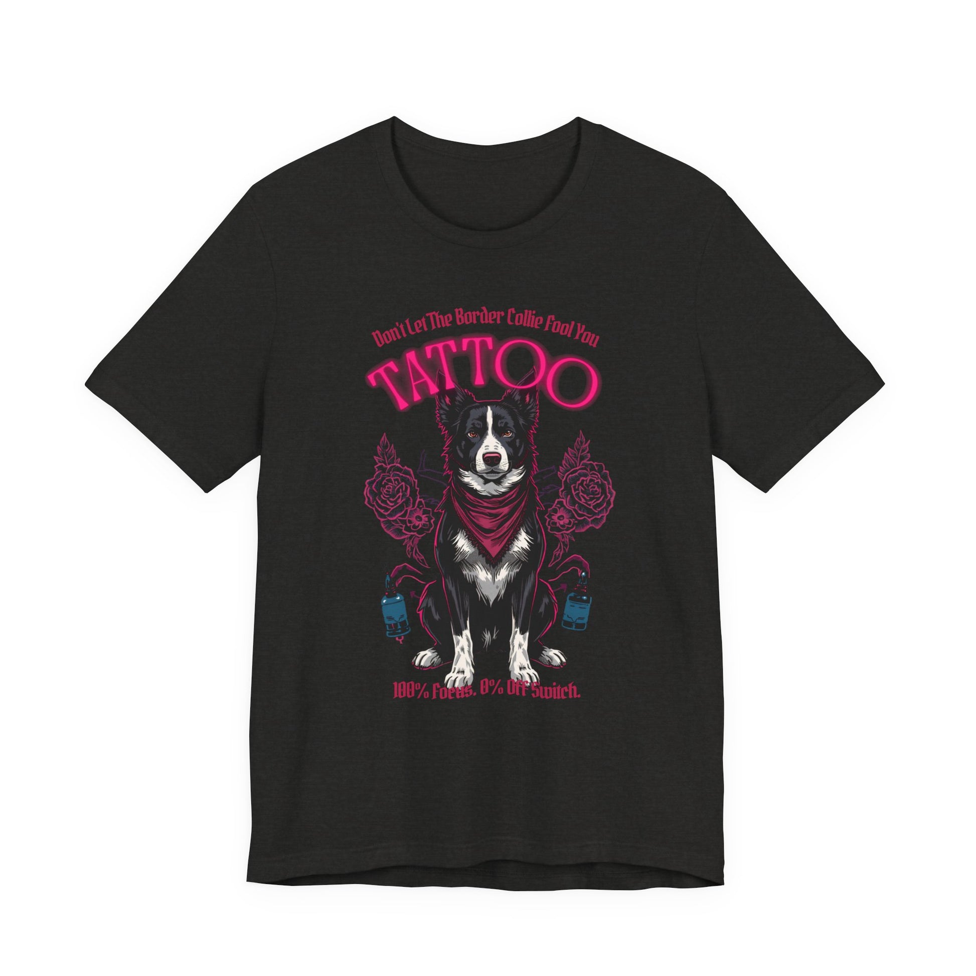 Border Collie Biker Ink Shop T-Shirt – Black Heather – Front View
