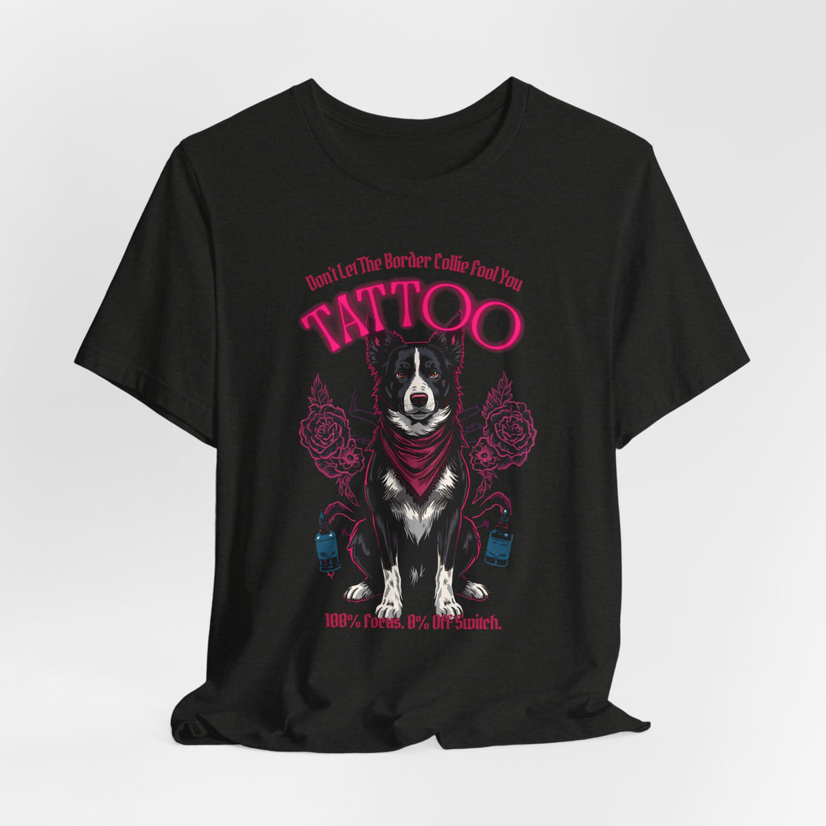 Border Collie Biker Ink Shop T-Shirt – Black Heather – Lifestyle View