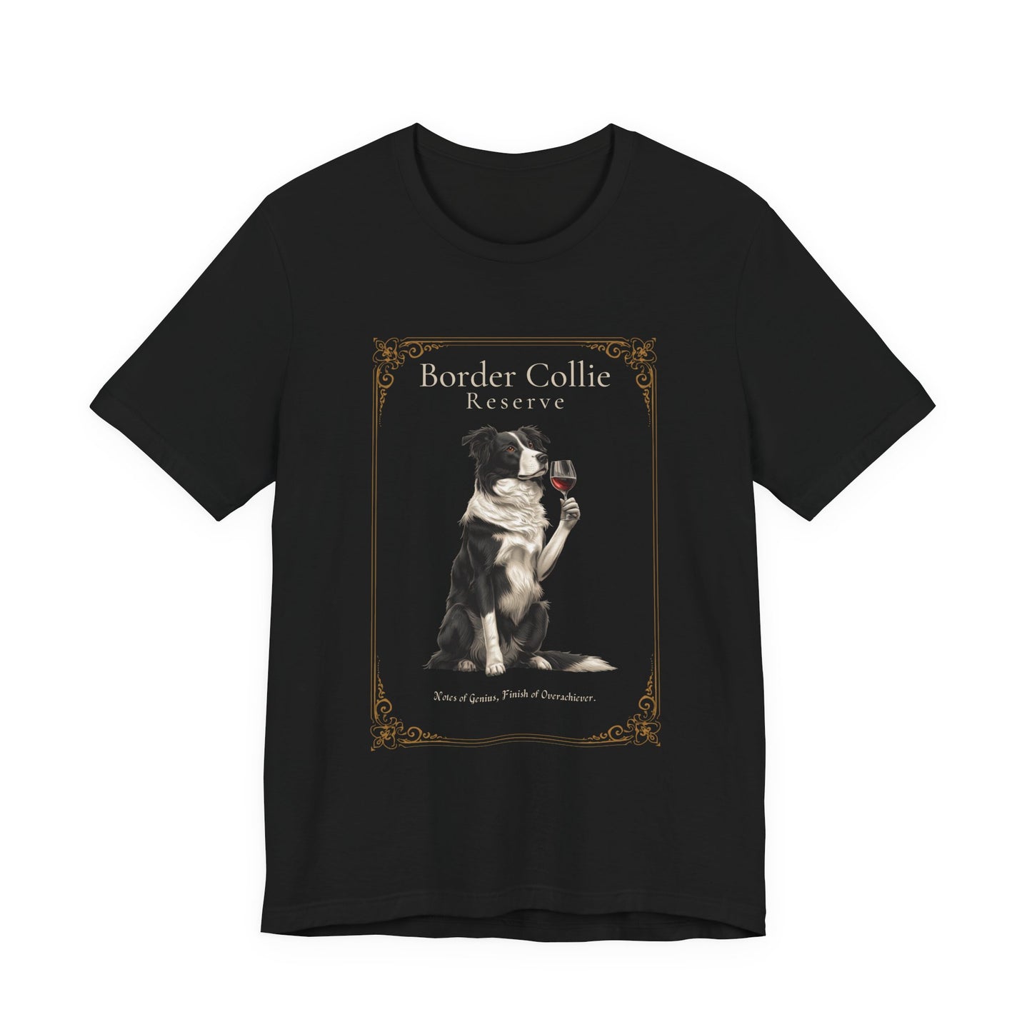 Close-up of Border Collie Breed Sommelier print detail on black t-shirt