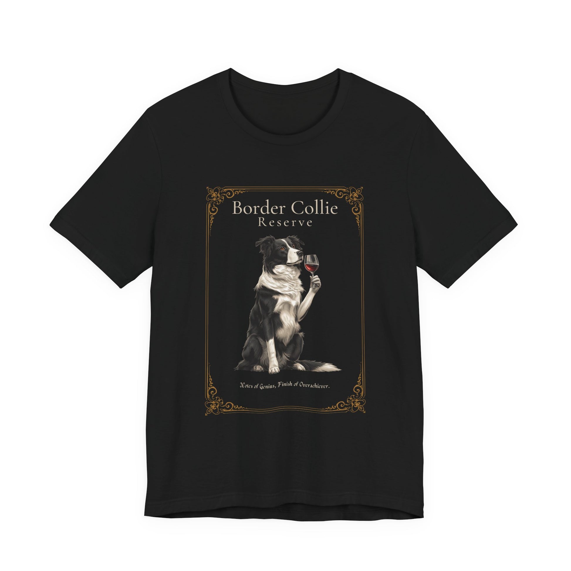 Close-up of Border Collie Breed Sommelier print detail on black t-shirt