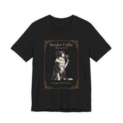 Close-up of Border Collie Breed Sommelier print detail on black t-shirt