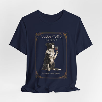 Close-up of Border Collie Breed Sommelier print detail on black heather t-shirt