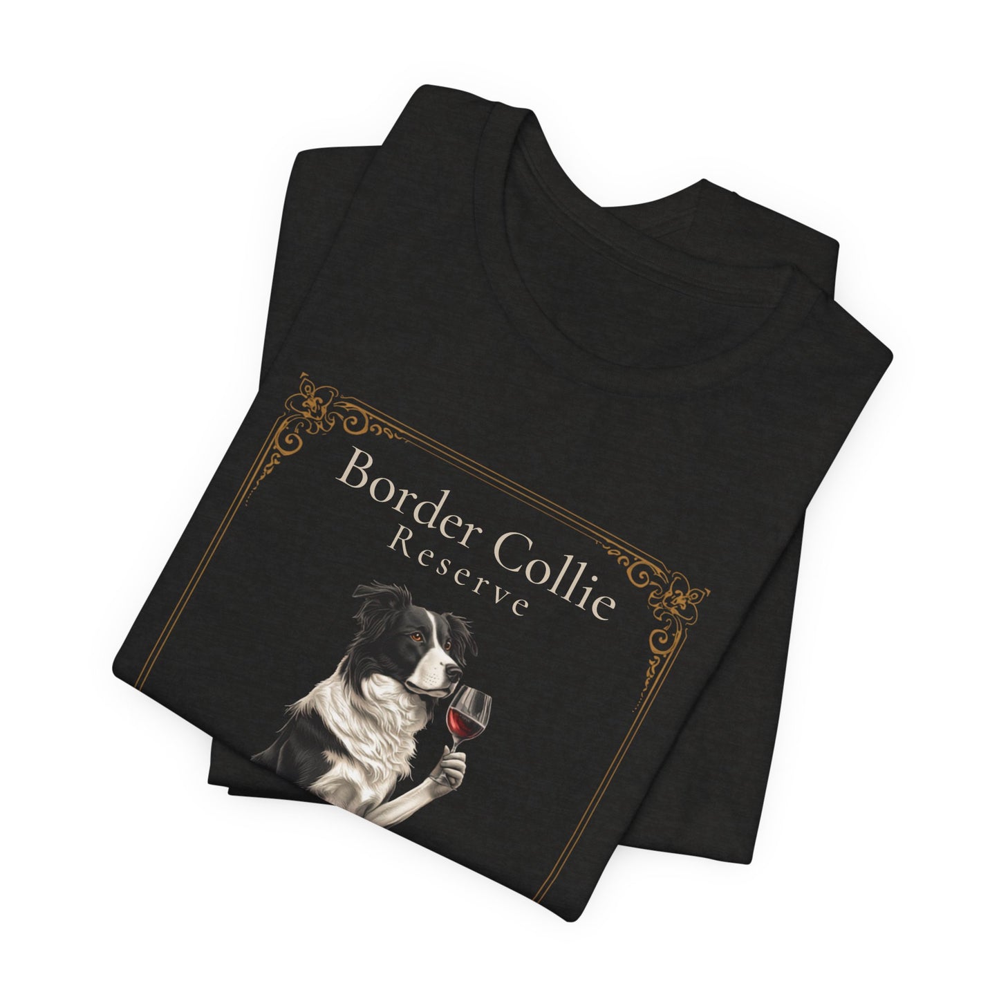 Close-up of Border Collie Breed Sommelier print detail on dark grey heather t-shirt, alternate angle