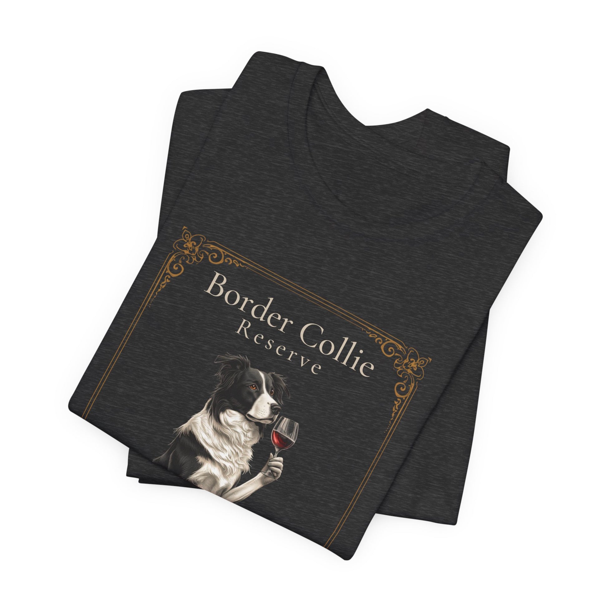 Close-up of Border Collie Breed Sommelier print detail on navy t-shirt