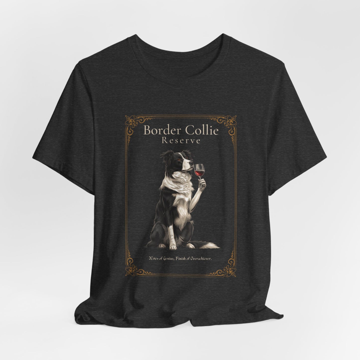 Close-up of Border Collie Breed Sommelier print detail on navy t-shirt, alternate angle