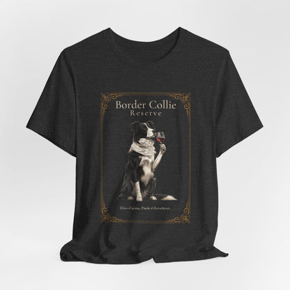 Close-up of Border Collie Breed Sommelier print detail on navy t-shirt, alternate angle