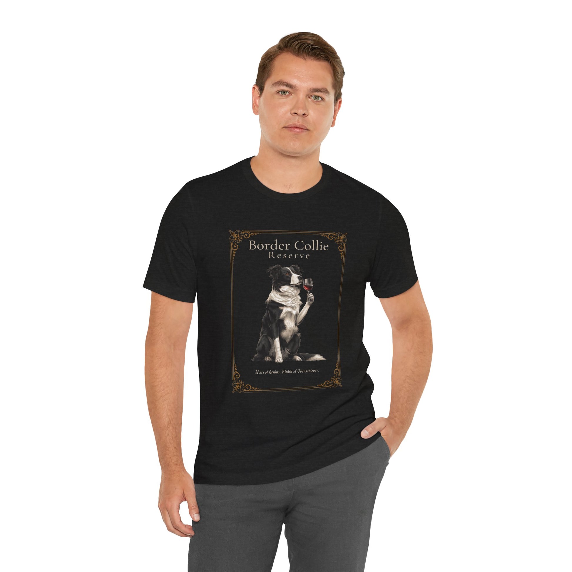 Model wearing Border Collie Breed Sommelier t-shirt in dark grey heather, alternate angle