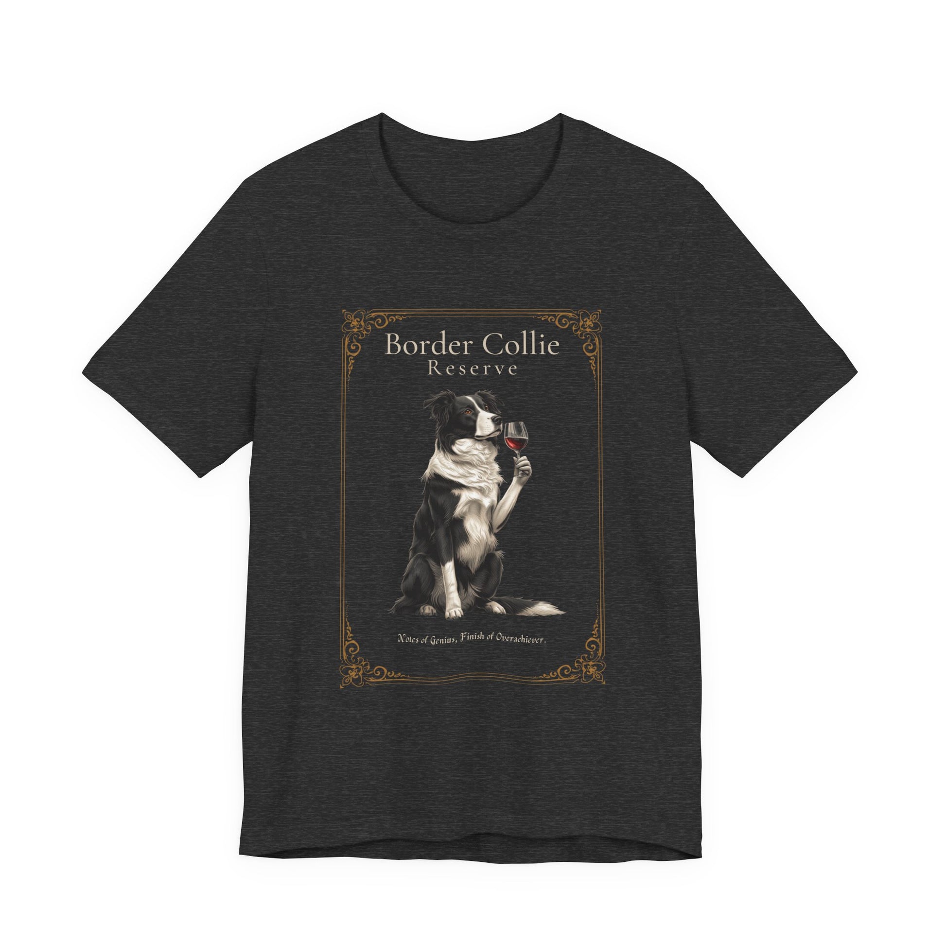 Model wearing Border Collie Breed Sommelier t-shirt in navy, alternate angle