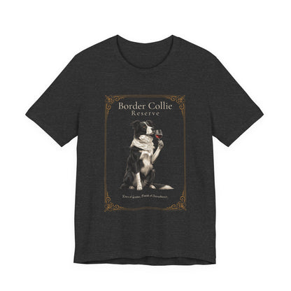 Model wearing Border Collie Breed Sommelier t-shirt in navy, alternate angle