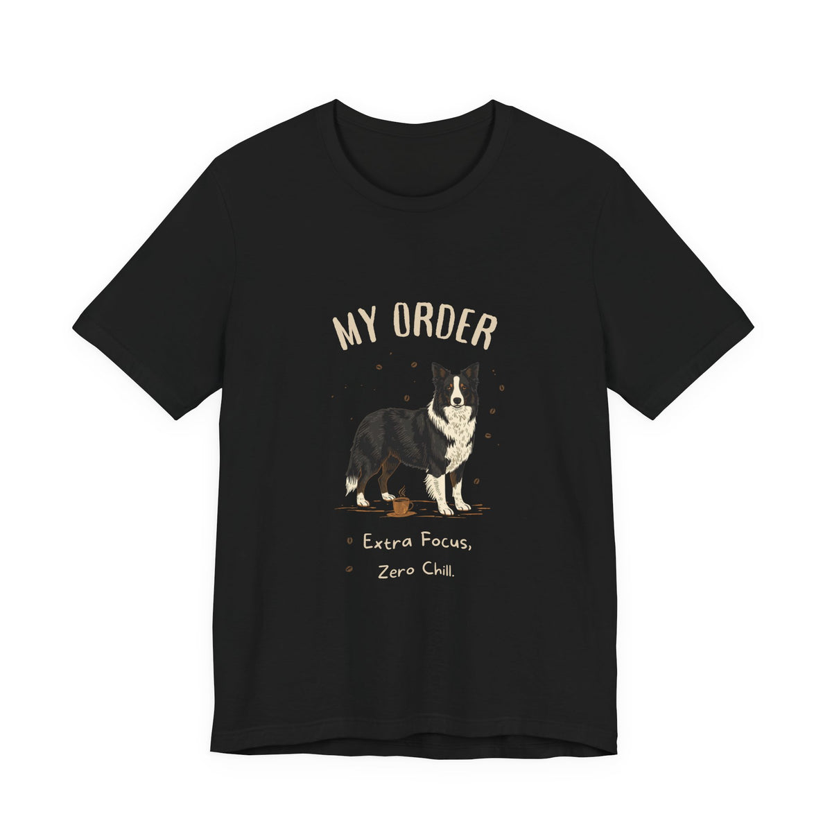 Border Collie Café Order T-Shirt – Black – Flat Lay