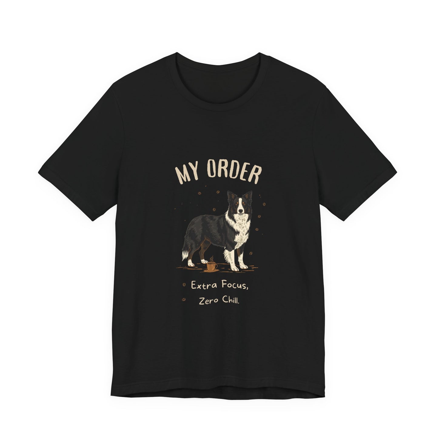 Border Collie Café Order T-Shirt – Black – Flat Lay