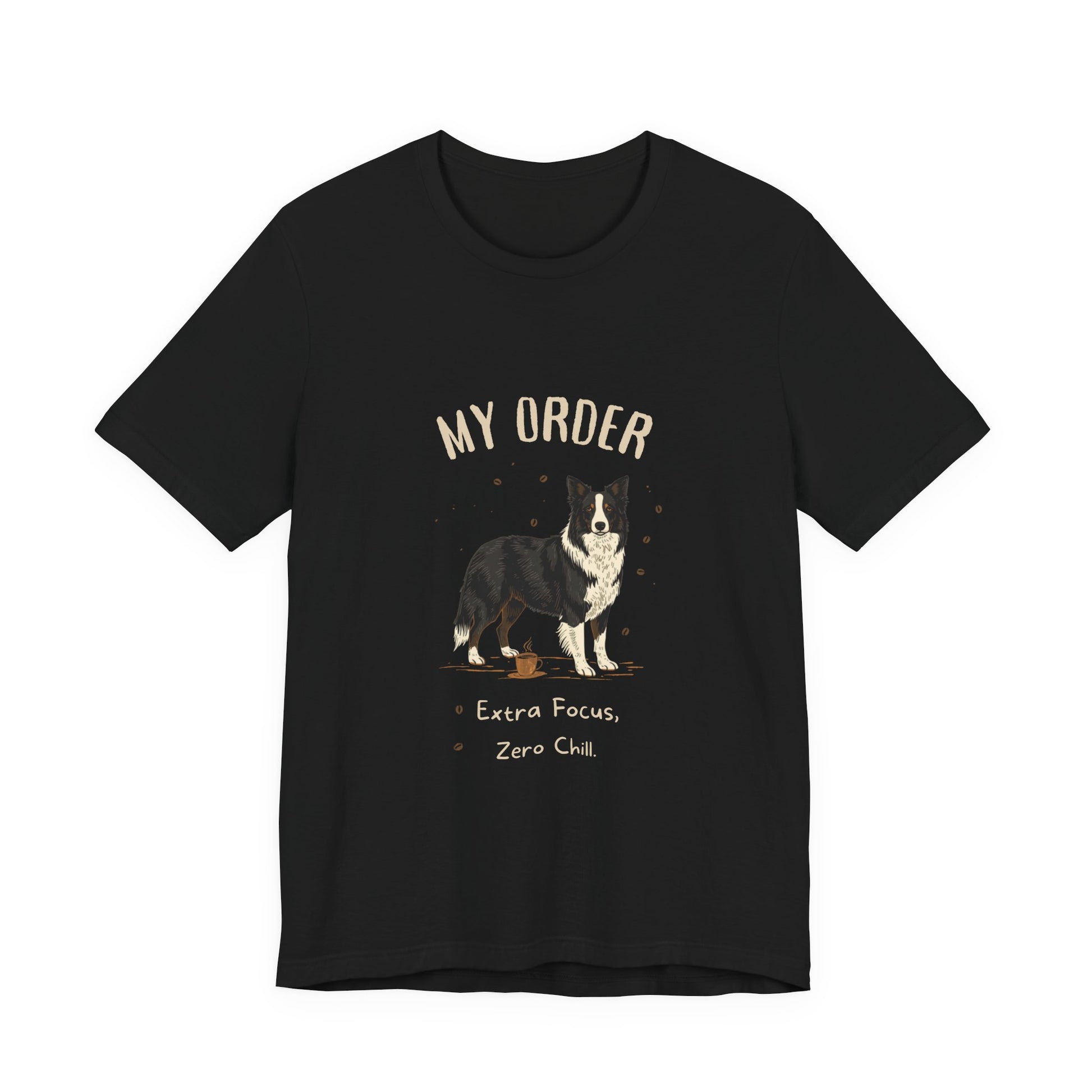 Border Collie Café Order T-Shirt – Black – Flat Lay
