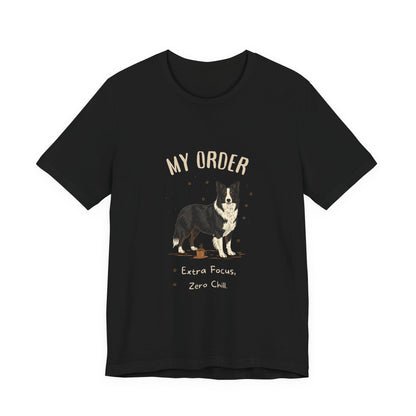 Border Collie Café Order T-Shirt – Black – Flat Lay