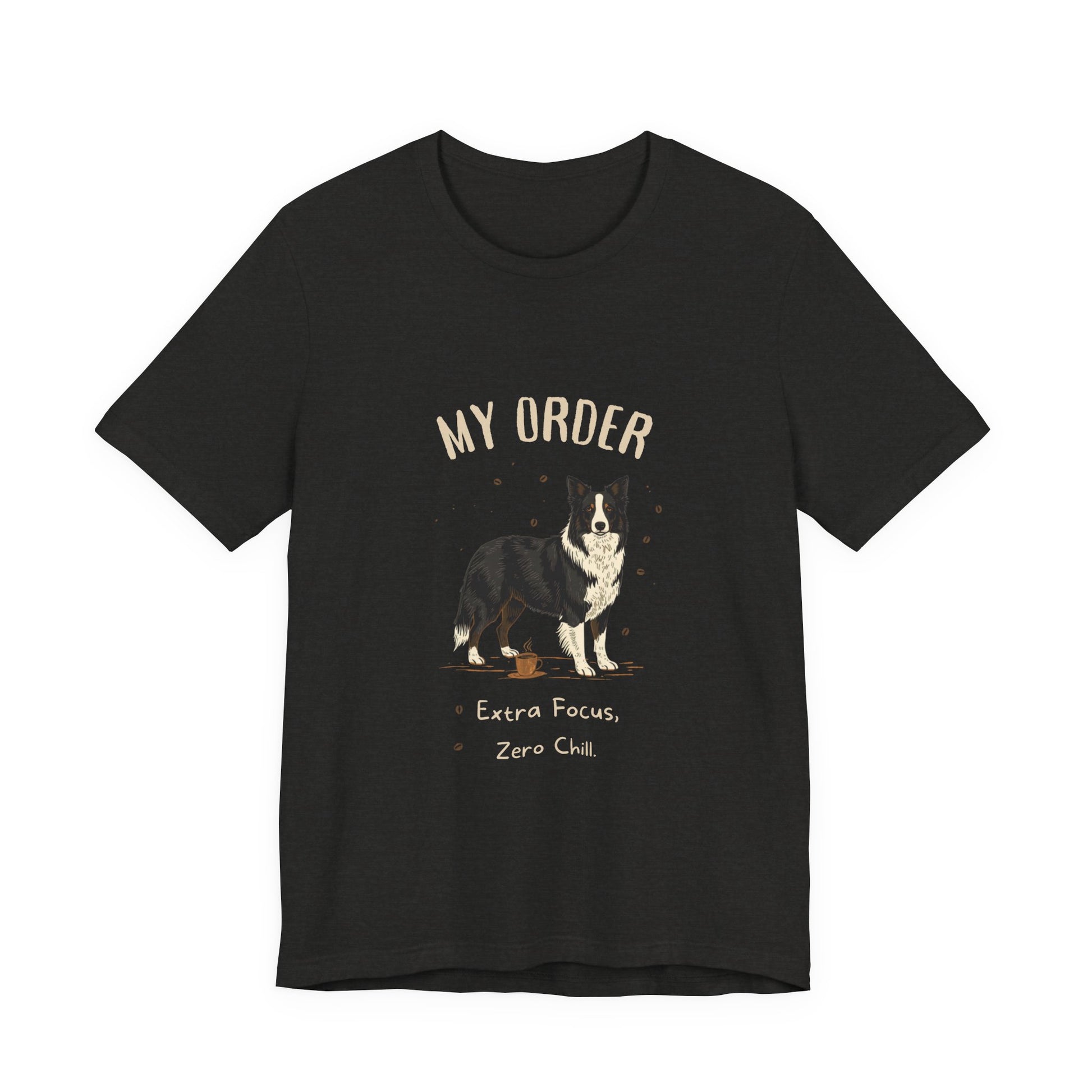 Border Collie Café Order T-Shirt – Black Heather – Front View
