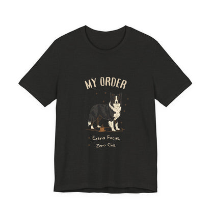 Border Collie Café Order T-Shirt – Black Heather – Front View