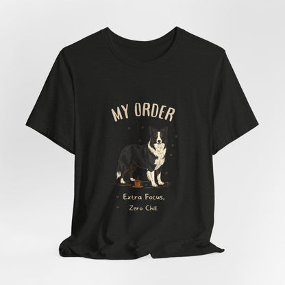 Border Collie Café Order T-Shirt – Black Heather – Lifestyle View