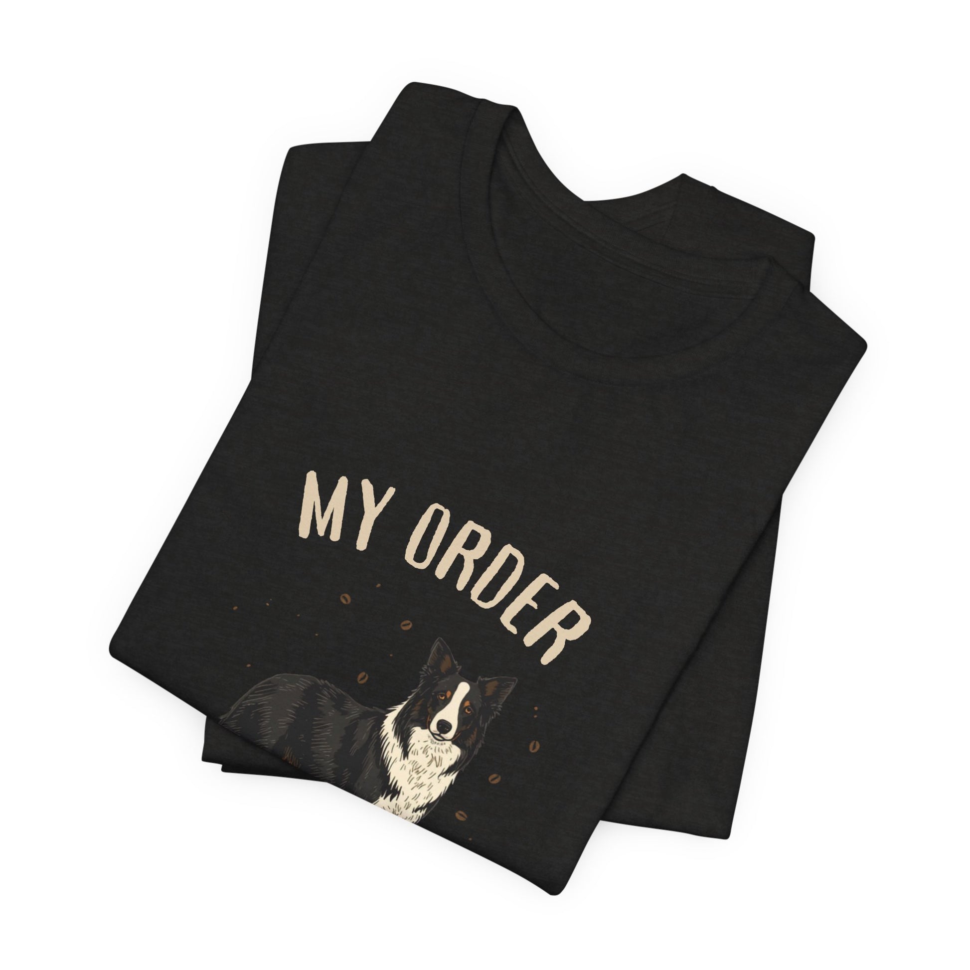 Border Collie Café Order T-Shirt – Black Heather – Side View