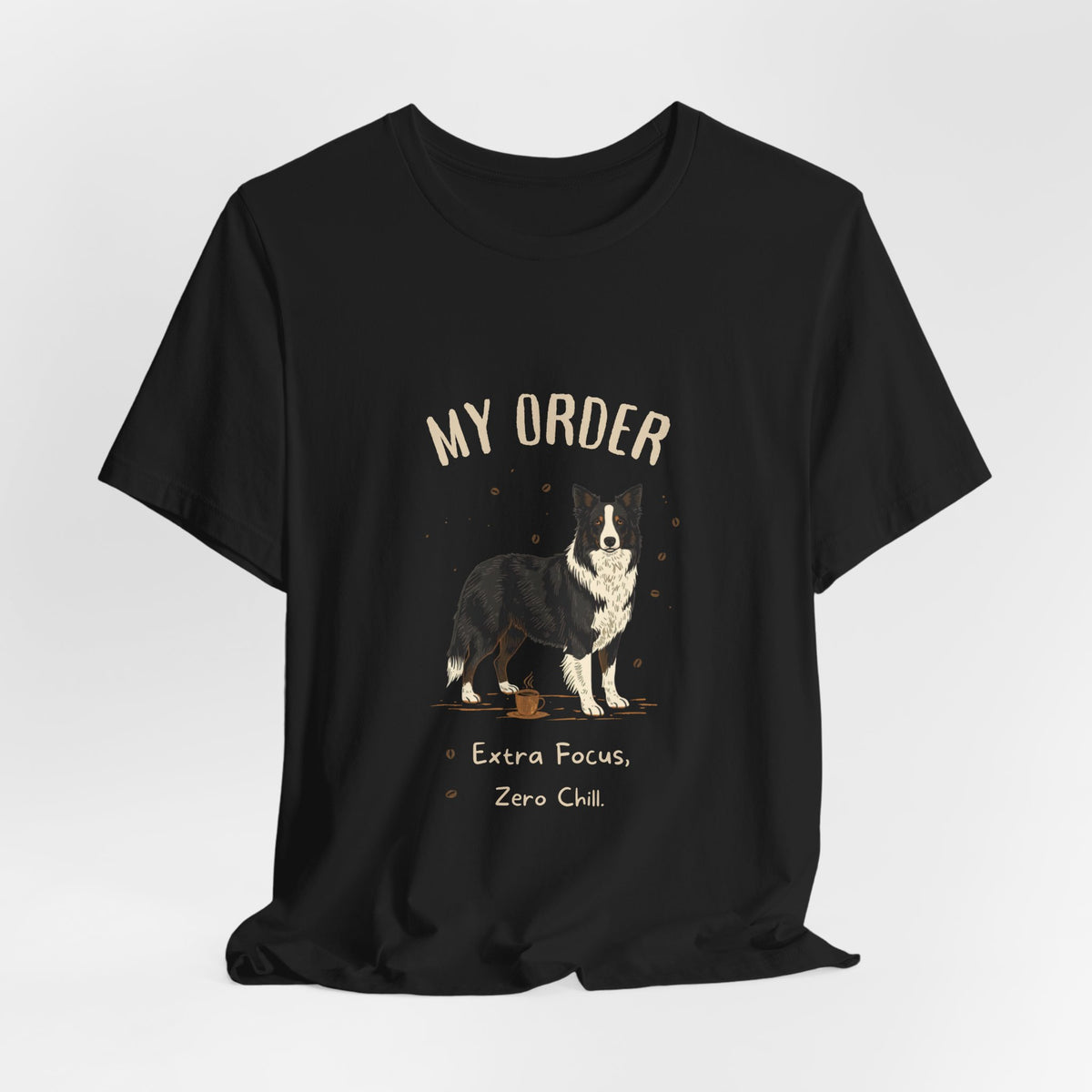 Border Collie Café Order T-Shirt – Dark Grey Heather – Side View