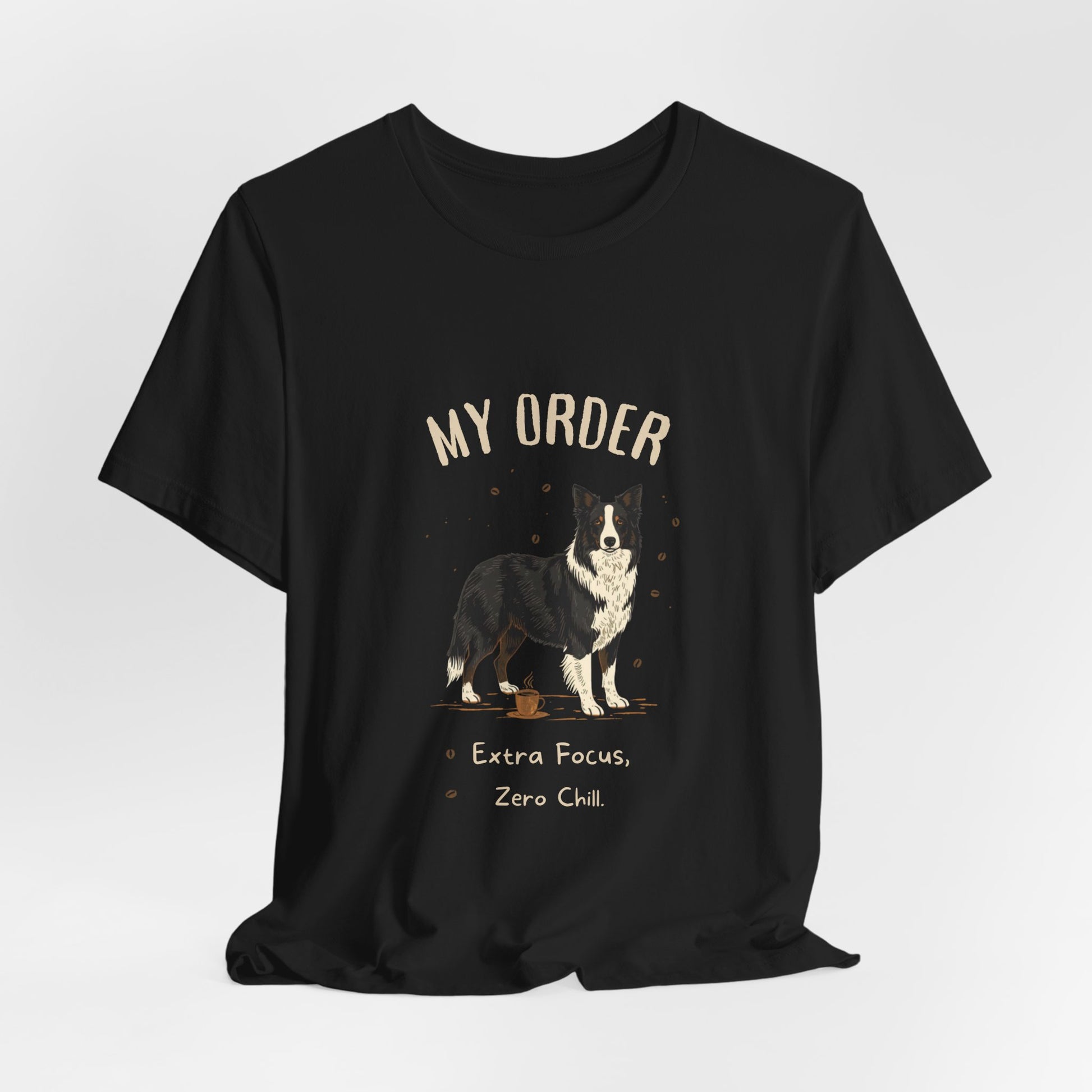 Border Collie Café Order T-Shirt – Dark Grey Heather – Side View