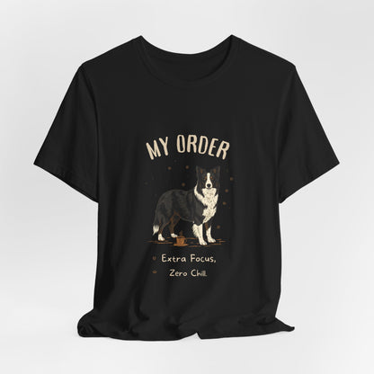 Border Collie Café Order T-Shirt – Dark Grey Heather – Side View