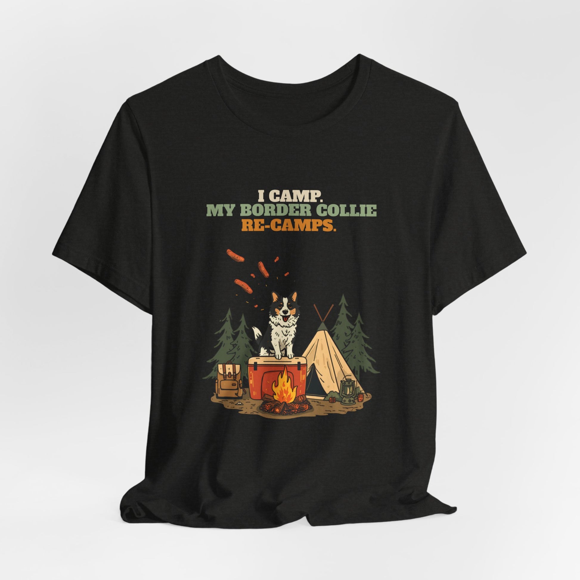 Border Collie camping t-shirt Black Heather colourway