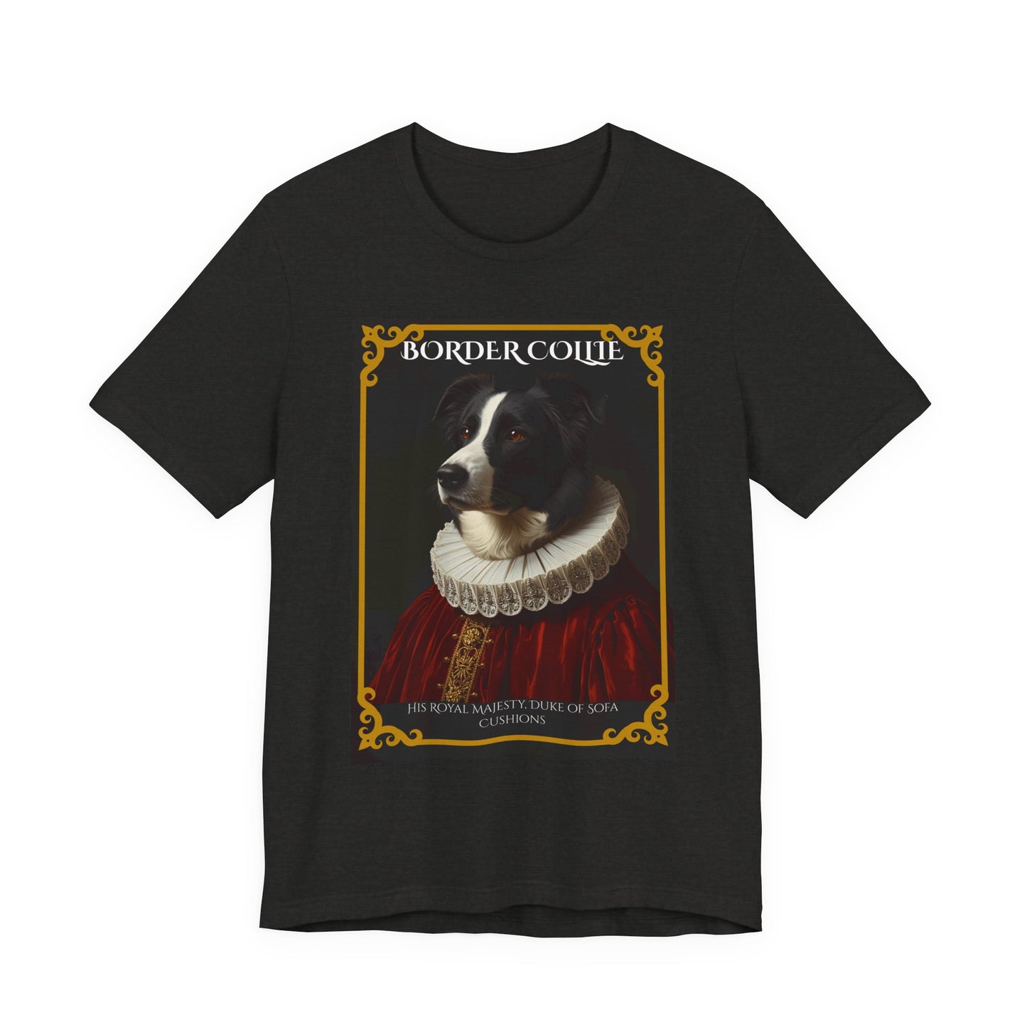 Model wearing the Border Collie Royal Portrait tee, front pose